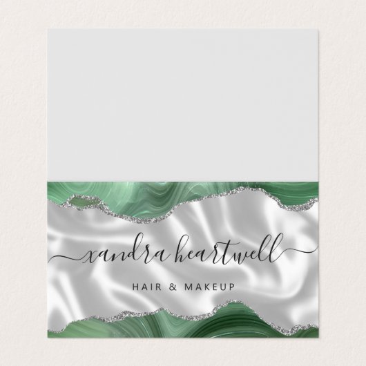 Sage Green Agate Silver Glitzer Luxus Visitenkarten (Außenseite Aufgefaltet)