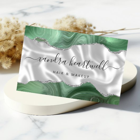 Sage Green Agate Silver Glitzer Luxus Visitenkarten