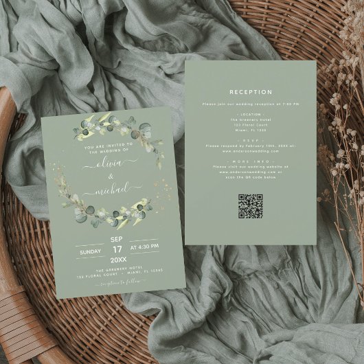 Sage Green All in One Eukalyptus QR Code Wedding Einladung