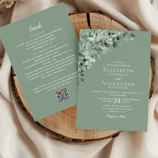 Sage Green All in One Eukalyptus QR Code Wedding Einladung