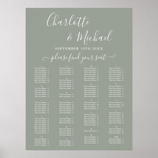 Sage Green Alphabetical Wedding Seating Chart Poster (Vorne)