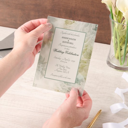 Sage Green and Champagne Floral Framed Pergament Einladungen (Handgehalten)