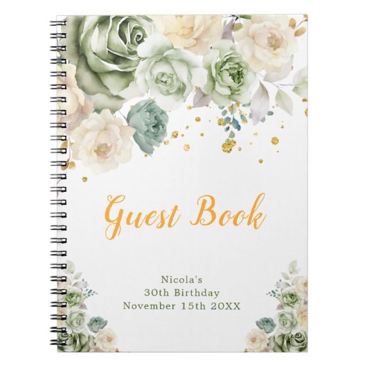 Sage Green and Cream Floral Birthday Guest Book Notizblock (Vorderseite)