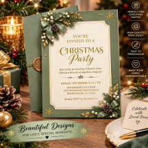 Sage Green and Gold Christmas Party Invitation, El