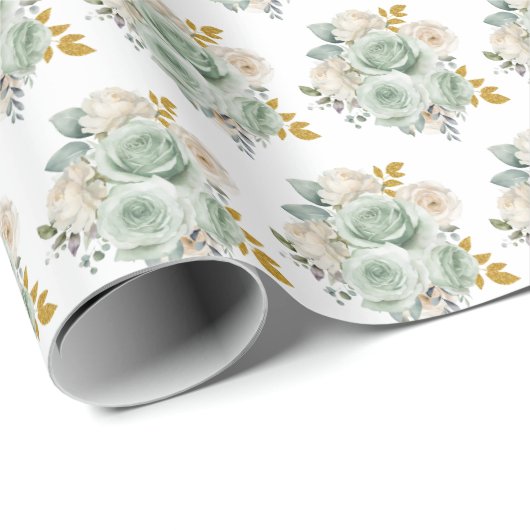 Sage Green and Gold Elegant Flowers Geschenkpapier (Rolleneckpunkt)