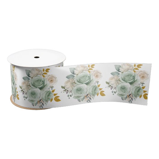 Sage Green and Gold Elegant Flowers Satinband (Spule)