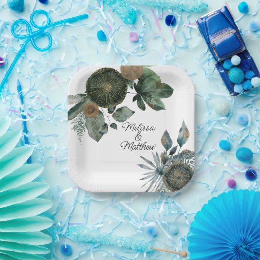 Sage green and gold wedding, engagement, couple pappteller (Party)