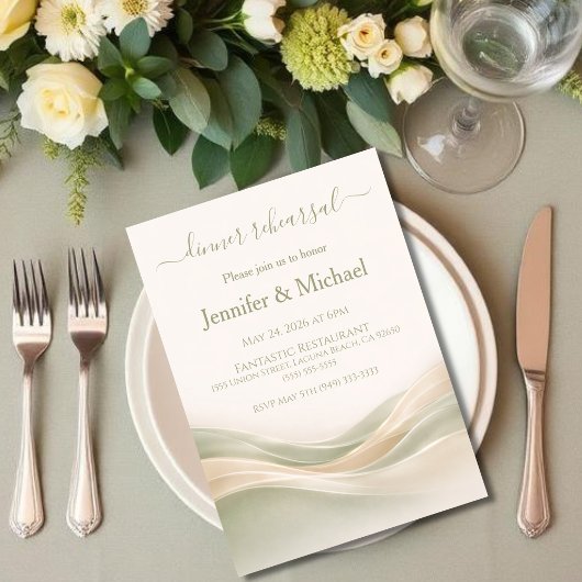 Sage Green and Ivory Dinner Rehearsal  Einladung