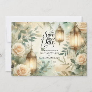 Sage Green and Ivory Rose Lantern Save the Date