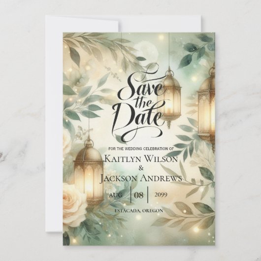 Sage Green and Ivory Rose Lantern Save the Date (Vorderseite)