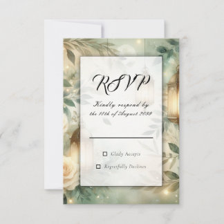 Sage Green and Ivory Rose Lantern Wedding RSVP Karte