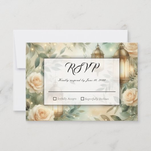 Sage Green and Ivory Rose Lantern Wedding RSVP Karte (Vorderseite)