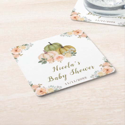Sage Green and Peach Floral Pumpkins Baby Shower Rechteckiger Pappuntersetzer (angewinkelt)