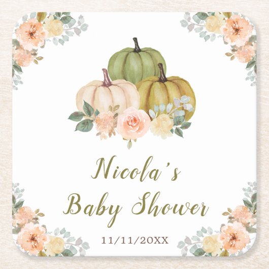 Sage Green and Peach Floral Pumpkins Baby Shower Rechteckiger Pappuntersetzer (Vorderseite)