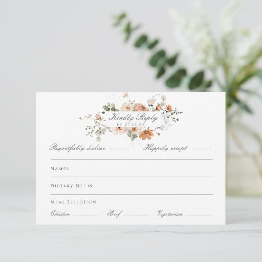 Sage Green and Peach Garden Wedding Meal Choice RSVP Karte (Stehend Vorderseite)