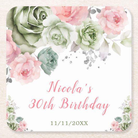 Sage Green and Pink Floral Birthday Rechteckiger Pappuntersetzer (Vorderseite)