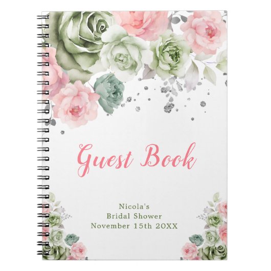 Sage Green and Pink Floral Bridal Guest Book Notizblock (Vorderseite)