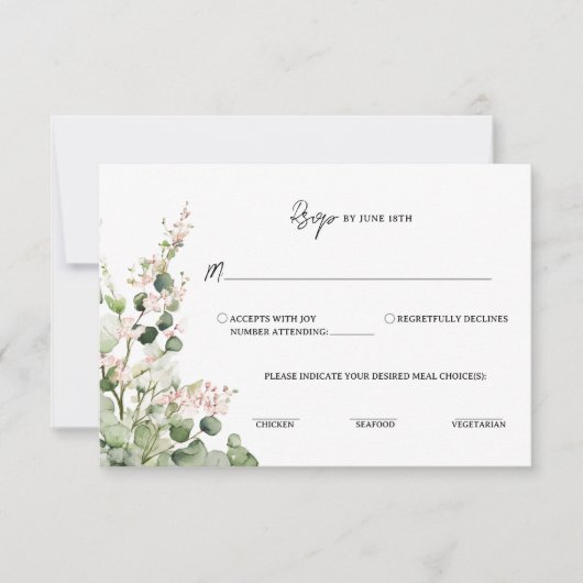 Sage Green and Pink Lantern Eucalyptus Floral RSVP Karte (Vorderseite)