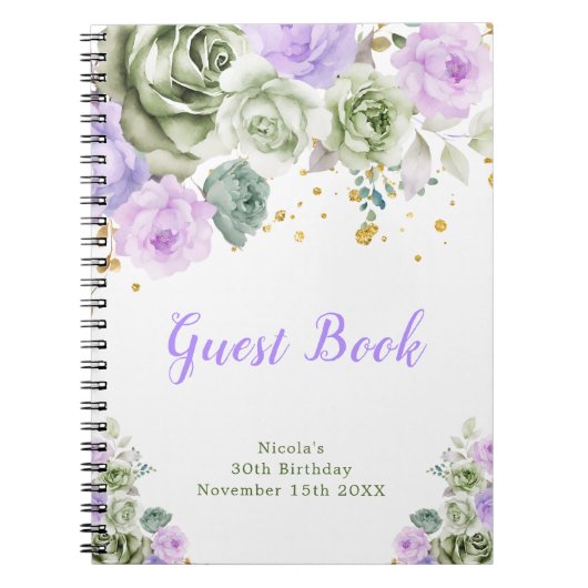 Sage Green and Purple Floral Birthday Guest Book Notizblock (Vorderseite)