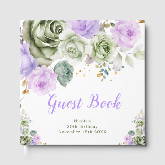 Sage Green and Purple Floral Birthday Party Gästebuch (Vorderseite)