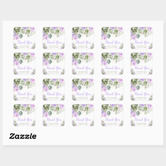 Sage Green and Purple Floral Bridal Shower Quadratischer Aufkleber (Blatt)