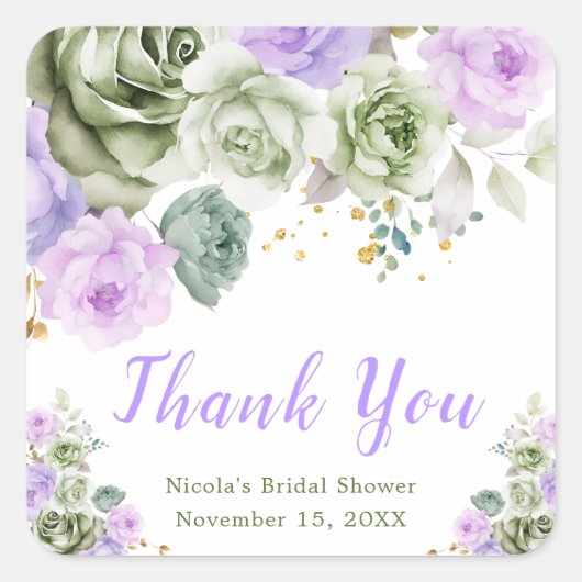 Sage Green and Purple Floral Bridal Shower Quadratischer Aufkleber (Vorderseite)