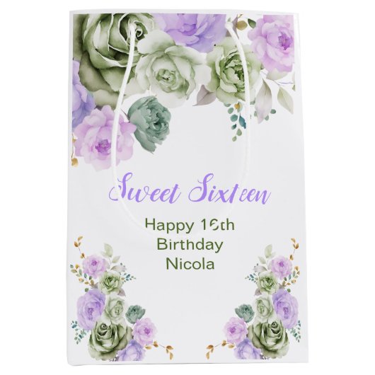 Sage Green and Purple Floral Sweet Sixteen Mittlere Geschenktüte (Vorderseite)