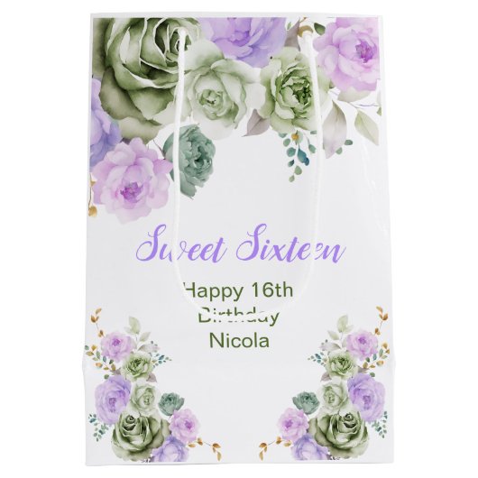 Sage Green and Purple Floral Sweet Sixteen Mittlere Geschenktüte (Rückseite)