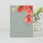 Sage Green and Red Poppies Hochzeitseinladung Einladung (Stehend Vorderseite)