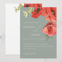 Sage Green and Red Poppies Hochzeitseinladung