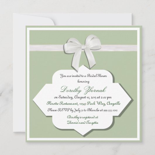 Sage Green and White Bow Bridal Dusche Einladung (Vorderseite)