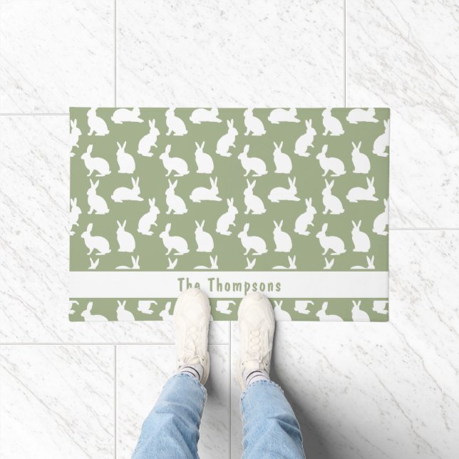 Sage Green And White Bunnies With Name Easter Fußmatte (Indoor)