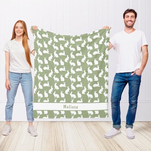 Sage Green And White Bunny Pattern And Name Easter Fleecedecke