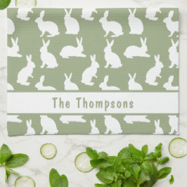 Sage Green And White Bunny Pattern And Name Easter Geschirrtuch