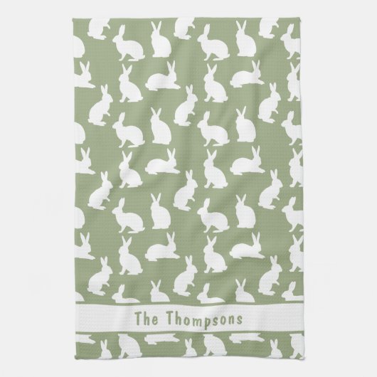 Sage Green And White Bunny Pattern And Name Easter Geschirrtuch (Vertikal)