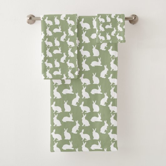 Sage Green And White Bunny Pattern Cute Easter Badhandtuch Set (Insitu)