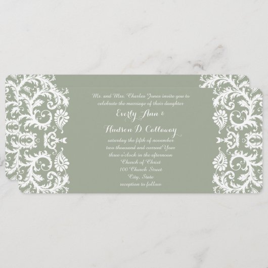 Sage Green and White Damask Wedding Einladung (Vorne/Hinten)