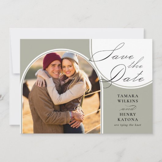Sage Green Arched Foto Hochzeitkalligrafie Save The Date (Vorderseite)