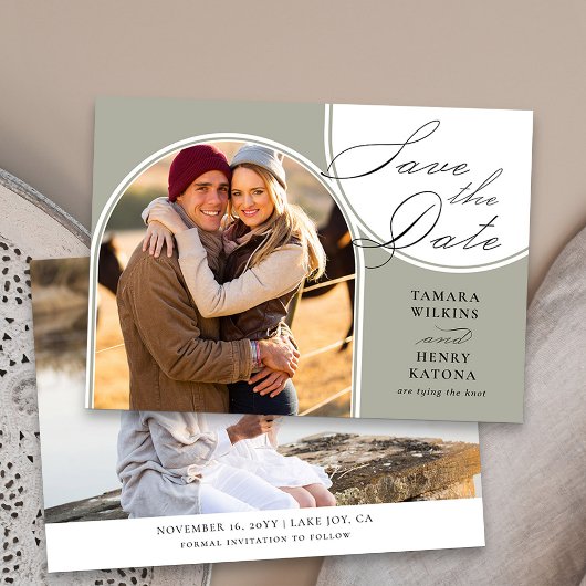 Sage Green Arched Foto Hochzeitkalligrafie Save The Date