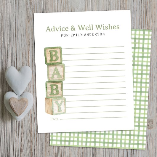 Sage Green Baby Blocks Advice & Well Wishes Card