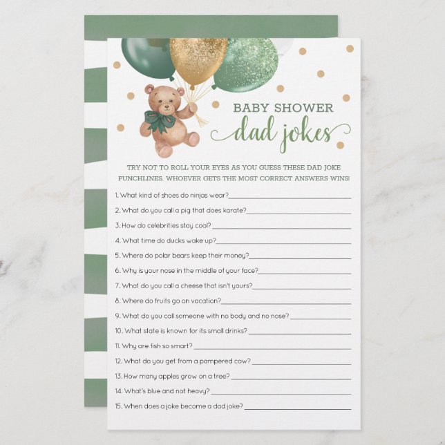 Sage Green Baby Dusche Vater Jokes Game Teddy Bear (Vorne/Hinten)