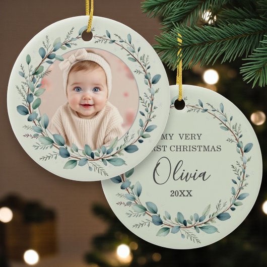 Sage Green Baby First Christmas Photo Keramik Ornament