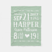 Sage Green Baby Girl Birth Stats Keepake Fleecedecke (Vorderseite)