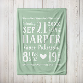 Sage Green Baby Girl Birth Stats Keepake Fleecedecke