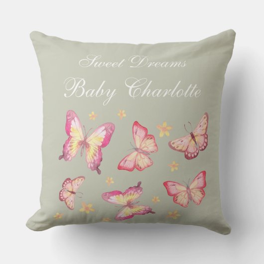 Sage Green Baby Girl Name Pink Butterfly Kinderzim Kissen (Vorderseite)