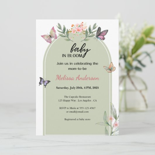 Sage Green Baby in Bloom Butterfly Baby Shower Einladung (Stehend Vorderseite)