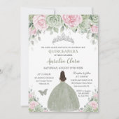 Sage Green Baby Pink Floral Silver Quinceañera Einladung (Vorderseite)
