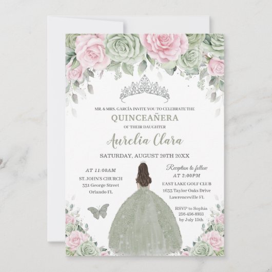 Sage Green Baby Pink Floral Silver Quinceañera Einladung (Vorderseite)