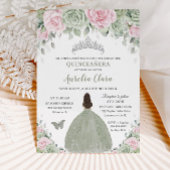 Sage Green Baby Pink Floral Silver Quinceañera Einladung
