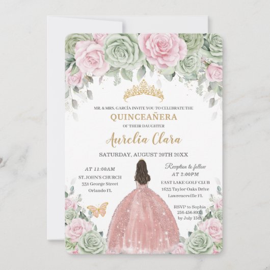 Sage Green Baby Pink Rose Gold Quinceañera Einladung (Vorderseite)